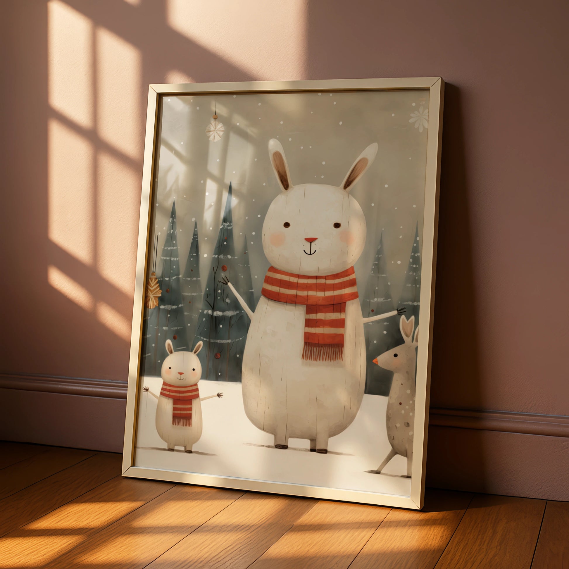 Christmas Bunny Poster, Cute Rabbit Winter Snow Print, Kids Festive Wall Art