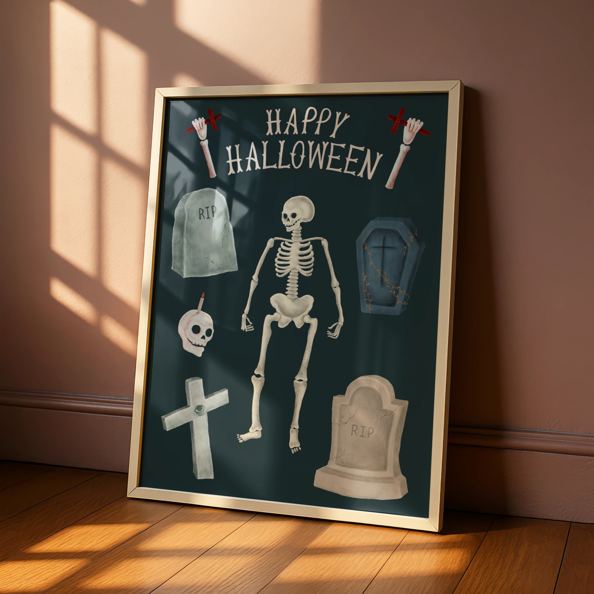 Happy Halloween Skeleton Poster, Spooky Graveyard Wall Art, Skull Coffin RIP Print