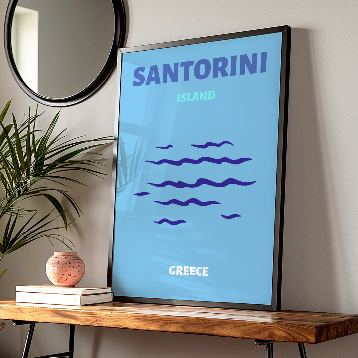 Santorini Island Greece Travel Poster, Greek Islands Wall Art, Retro Blue Print