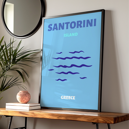 Santorini Island Greece Travel Poster, Greek Islands Wall Art, Retro Blue Print