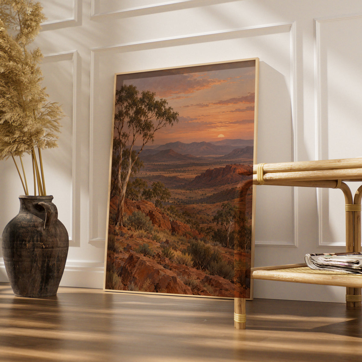 Australian Outback Sunset Print, Red Earth Landscape, Eucalyptus Wall Art, Painted Style