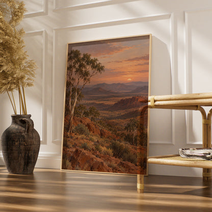 Australian Outback Sunset Print, Red Earth Landscape, Eucalyptus Wall Art, Painted Style