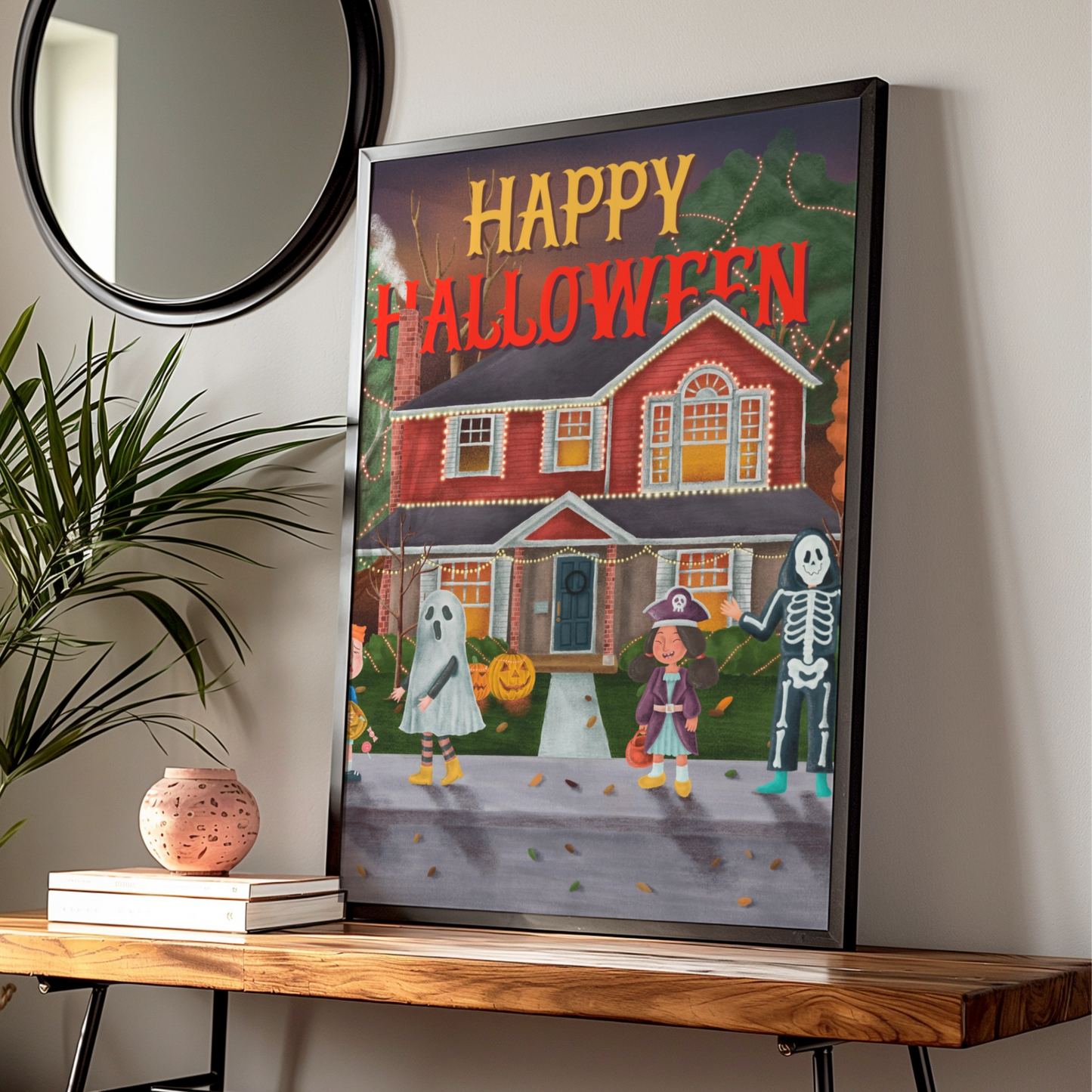 Happy Halloween Trick or Treat Poster, Kids Costume Wall Art, Spooky Neighbourhood Print