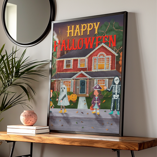 Happy Halloween Trick or Treat Poster, Kids Costume Wall Art, Spooky Neighbourhood Print