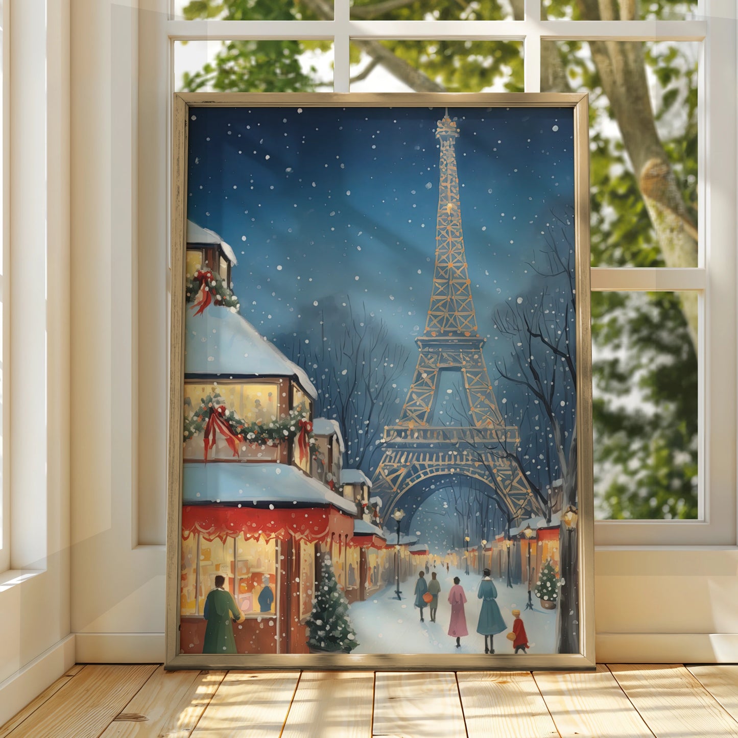Paris Christmas Poster, Eiffel Tower Winter Snow Scene, French Holiday Wall Art Print