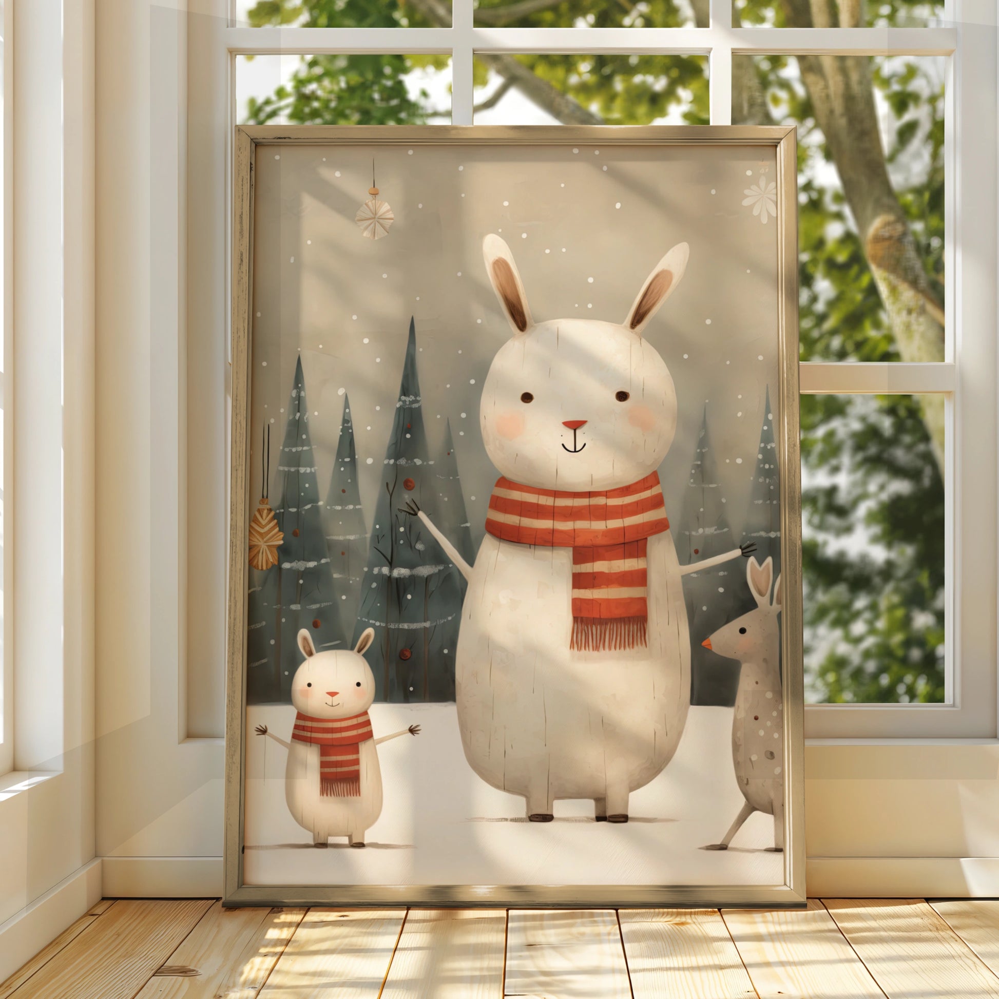 Christmas Bunny Poster, Cute Rabbit Winter Snow Print, Kids Festive Wall Art
