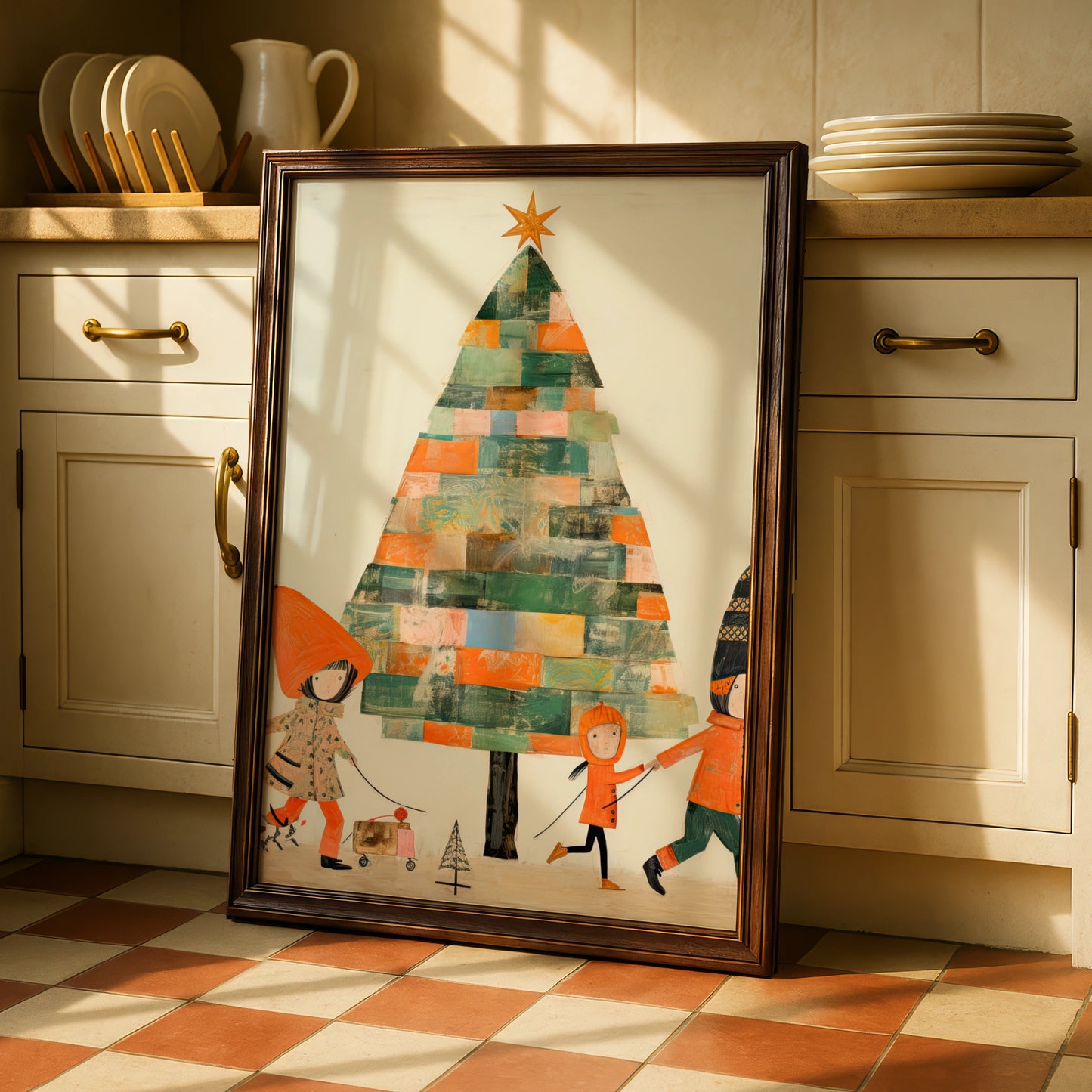Christmas Tree Poster, Colourful Collage Kids Festive Wall Art, Retro Xmas Print