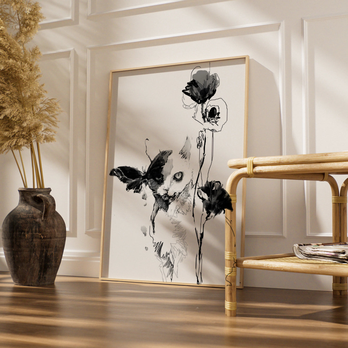 Cat Butterfly Floral Monochrome Wall Art, Black and White Poster, Minimalist Print