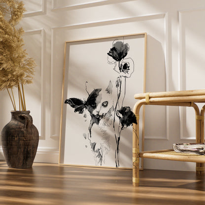 Cat Butterfly Floral Monochrome Wall Art, Black and White Poster, Minimalist Print