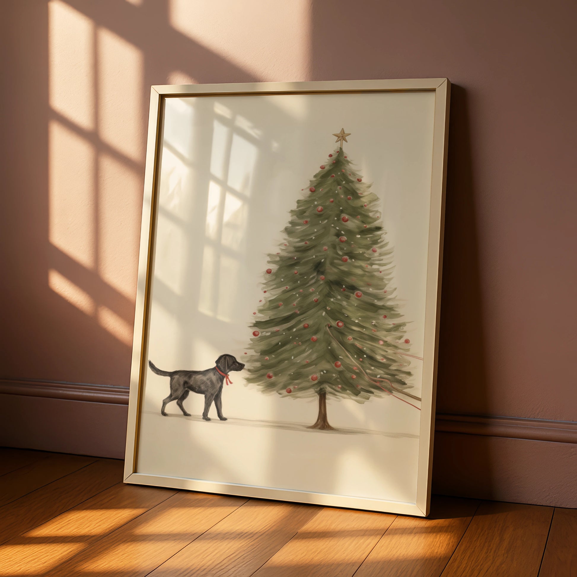 Black Labrador Christmas Poster, Dog Christmas Tree Wall Art, Festive Dog Print
