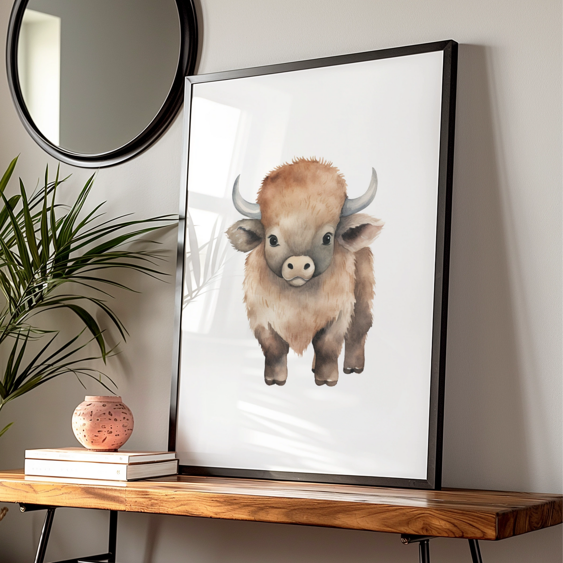 Baby Bison Nursery Wall Art, Watercolour Buffalo Print, Kids Room Animal Poster