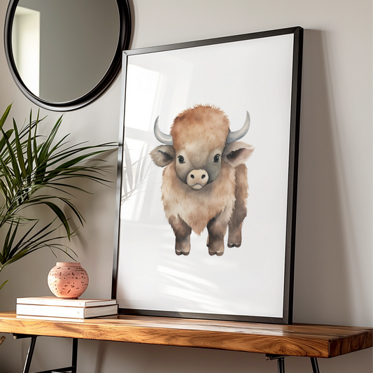 Baby Bison Nursery Wall Art, Watercolour Buffalo Print, Kids Room Animal Poster