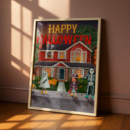 Happy Halloween Trick or Treat Poster, Kids Costume Wall Art, Spooky Neighbourhood Print