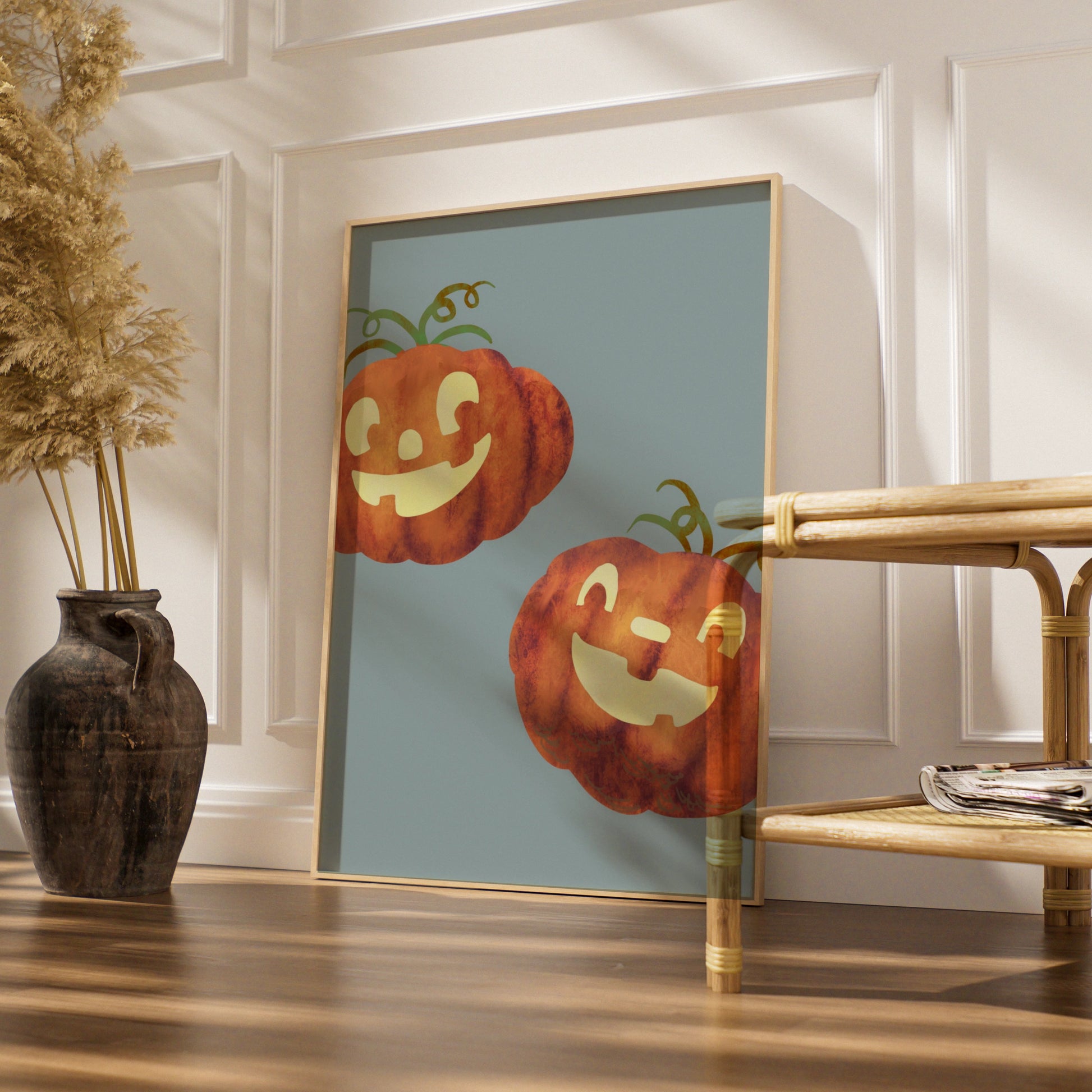 Halloween Pumpkin Wall Art, Jack O Lantern Poster, Cute Spooky Autumn Print, Orange Blue