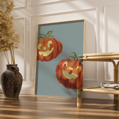 Halloween Pumpkin Wall Art, Jack O Lantern Poster, Cute Spooky Autumn Print, Orange Blue