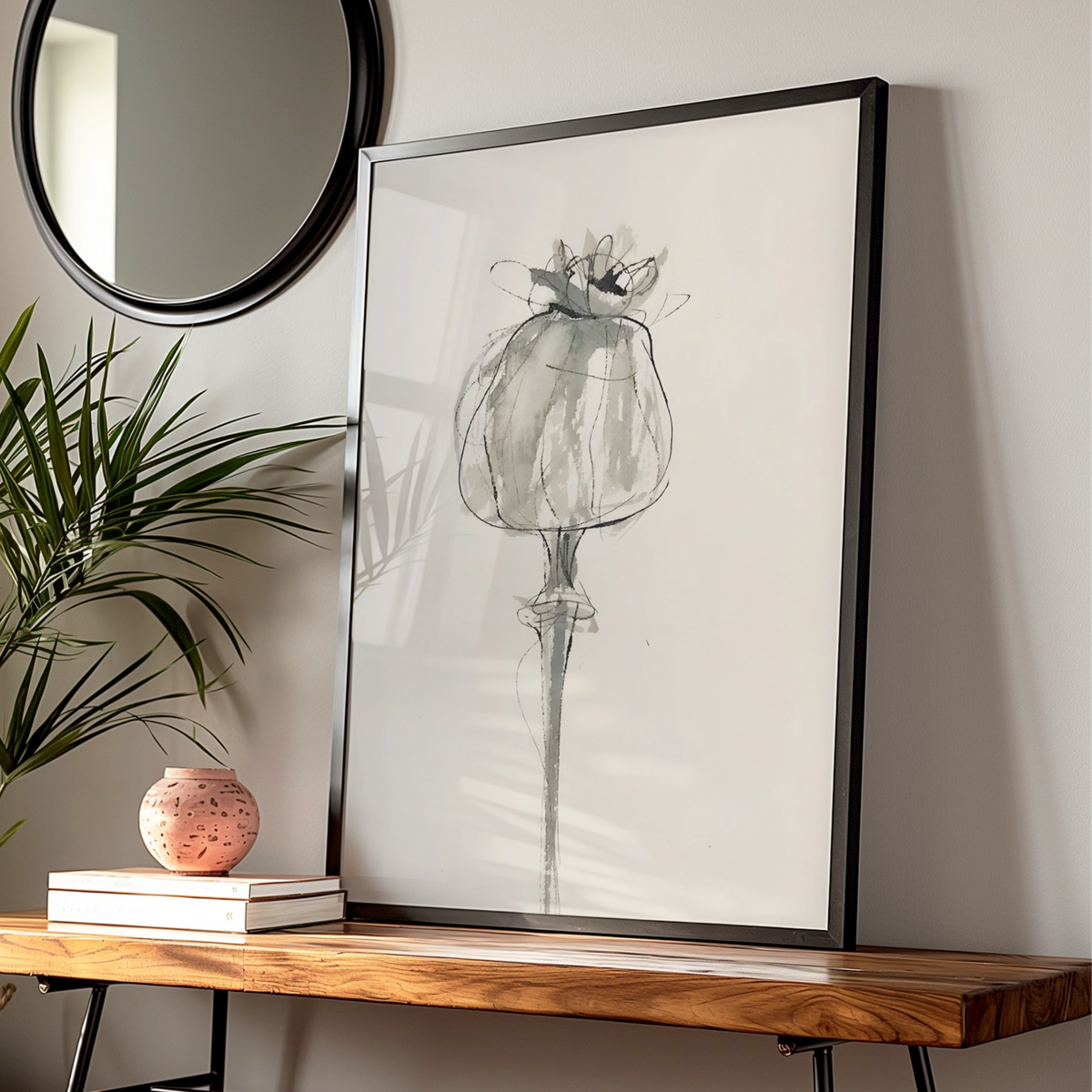 Poppy Seed Head Print, Monochrome Wall Art, Botanical Black and White Poster, Minimalist Floral
