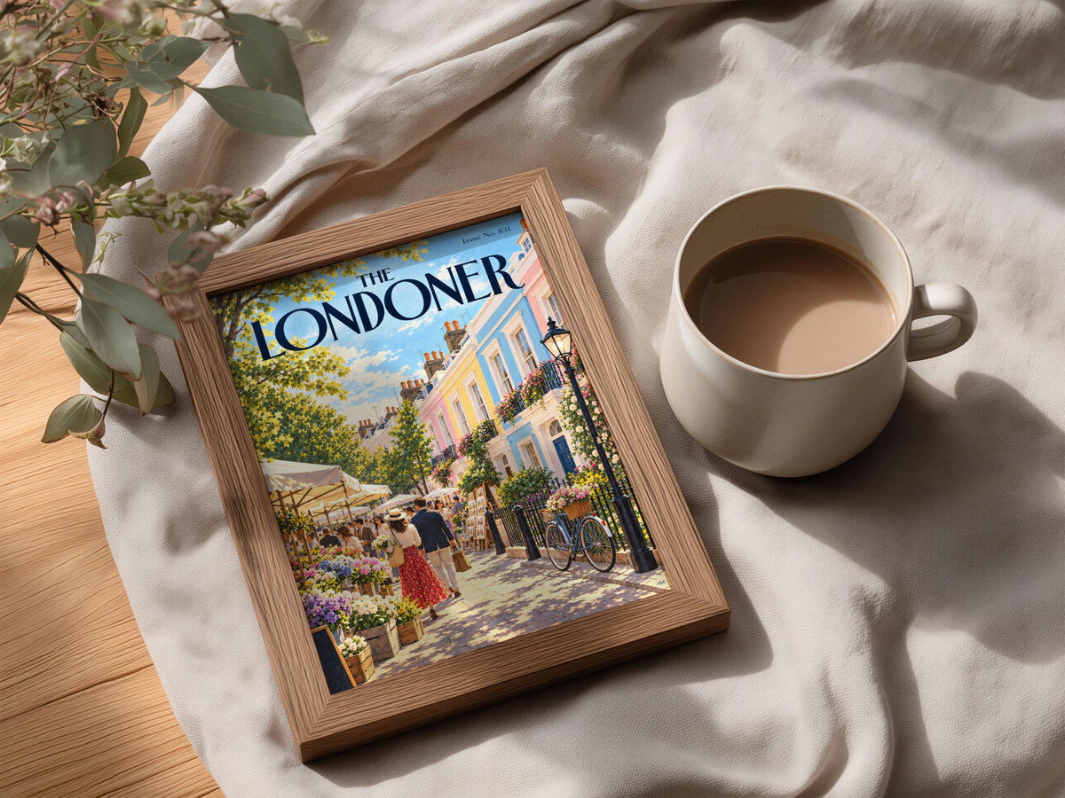London Street Poster, Pastel Townhouses Flower Market Wall Art, Summer Illustrated Magazine Cover