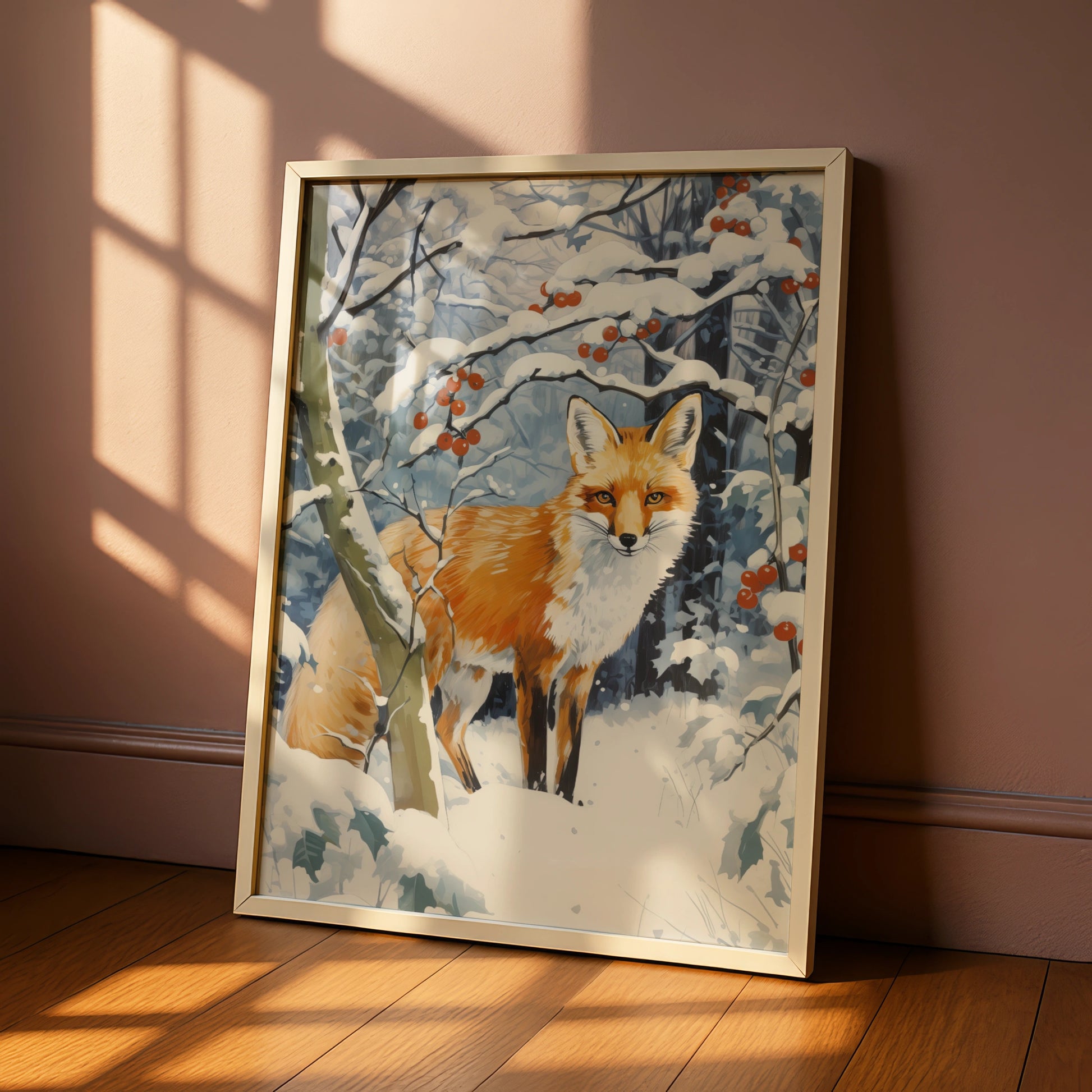 Christmas Fox Poster, Winter Snow Forest Wall Art, Red Fox Print, Festive Wildlife Decor