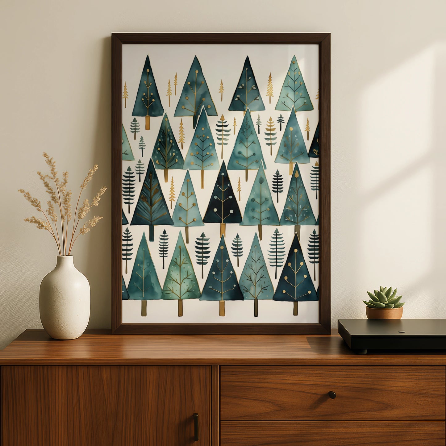 Christmas Tree Poster, Teal Gold Festive Wall Art, Minimalist Xmas Pine Forest Print