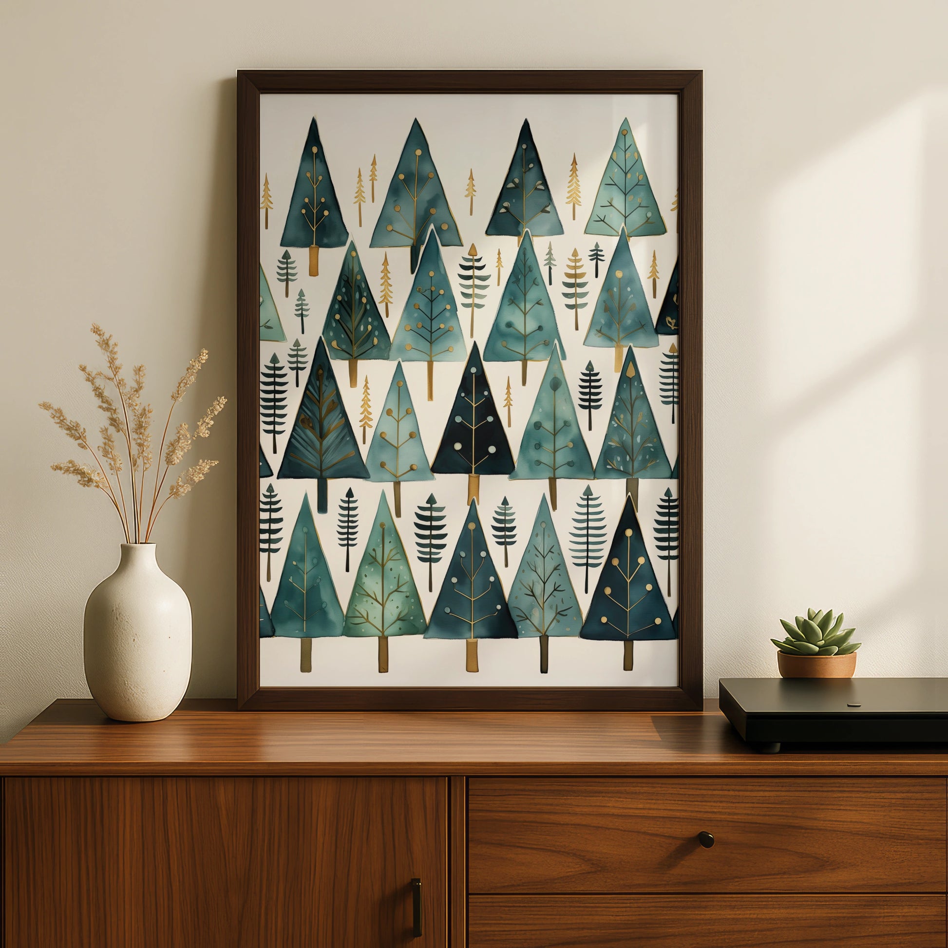 Christmas Tree Poster, Teal Gold Festive Wall Art, Minimalist Xmas Pine Forest Print