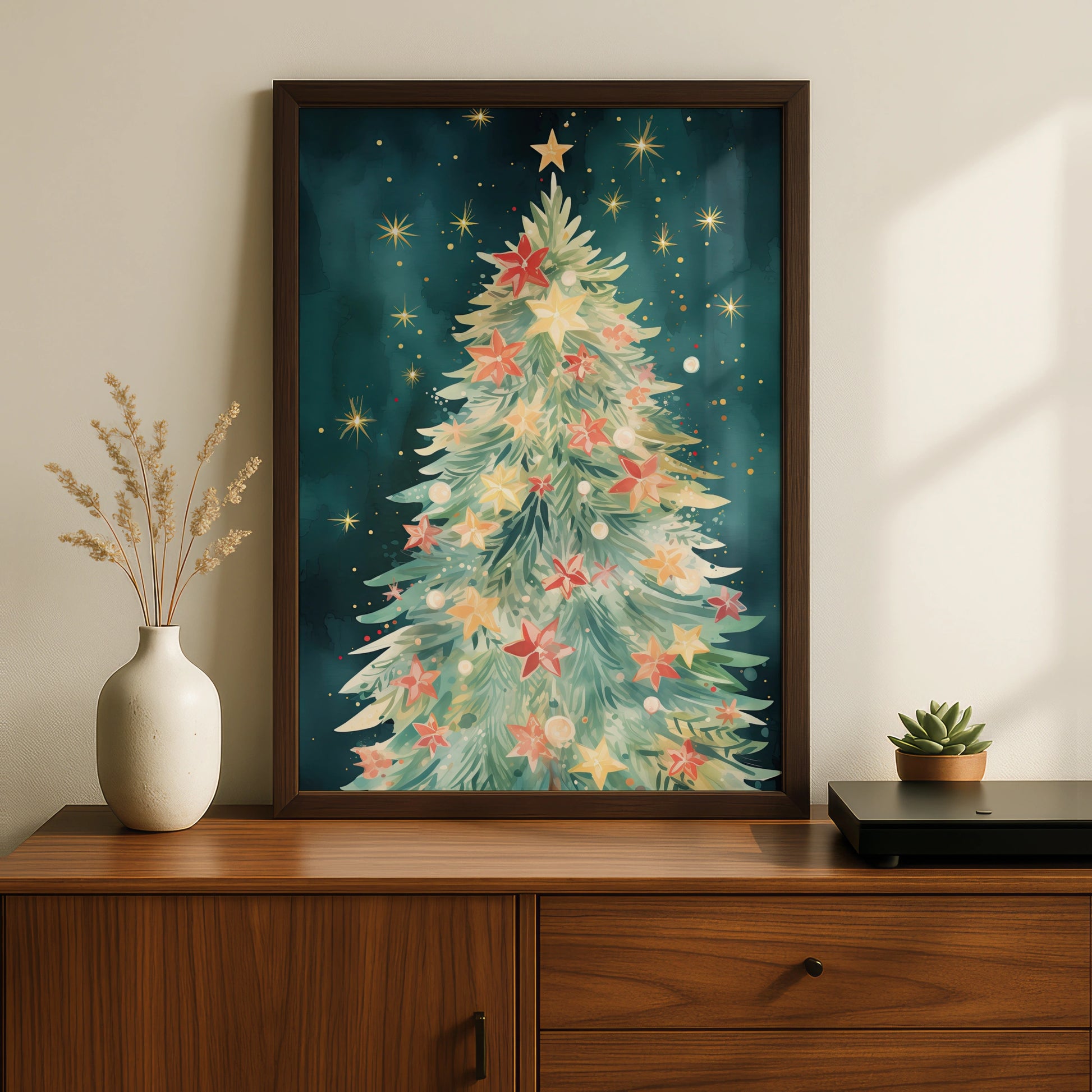 Christmas Tree Poster, Watercolour Festive Wall Art, Teal Gold Star Print, Holiday Decor