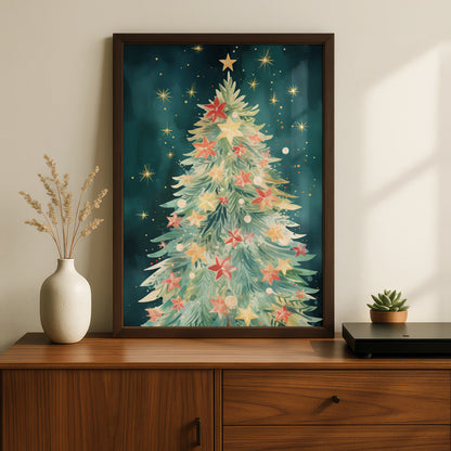 Christmas Tree Poster, Watercolour Festive Wall Art, Teal Gold Star Print, Holiday Decor