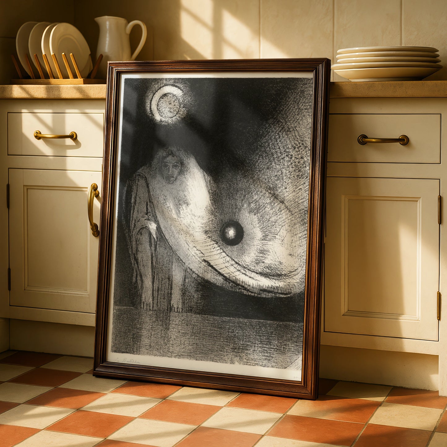 Dark Occult Figure Halloween Art Print, Gothic Surreal Moon Poster, Black White Wall Art