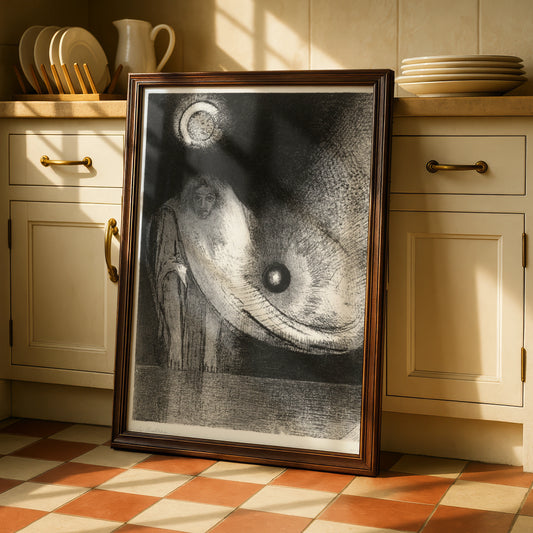 Dark Occult Figure Halloween Art Print, Gothic Surreal Moon Poster, Black White Wall Art