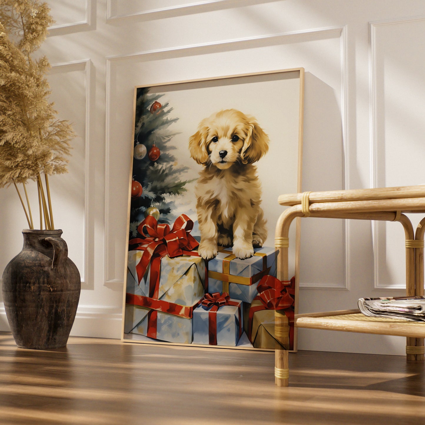 Christmas Puppy Poster, Golden Dog with Gifts Art Print, Festive Xmas Wall Decor