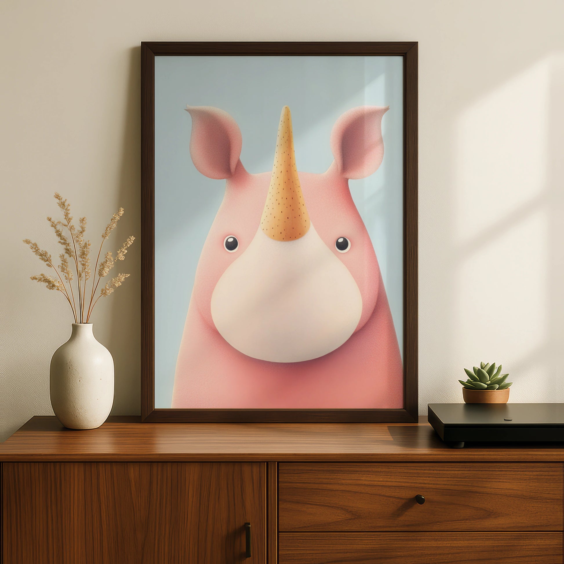 Cute Rhino Nursery Wall Art, Pink Unicorn Rhino Print, Children's Poster, Kids Room Decor