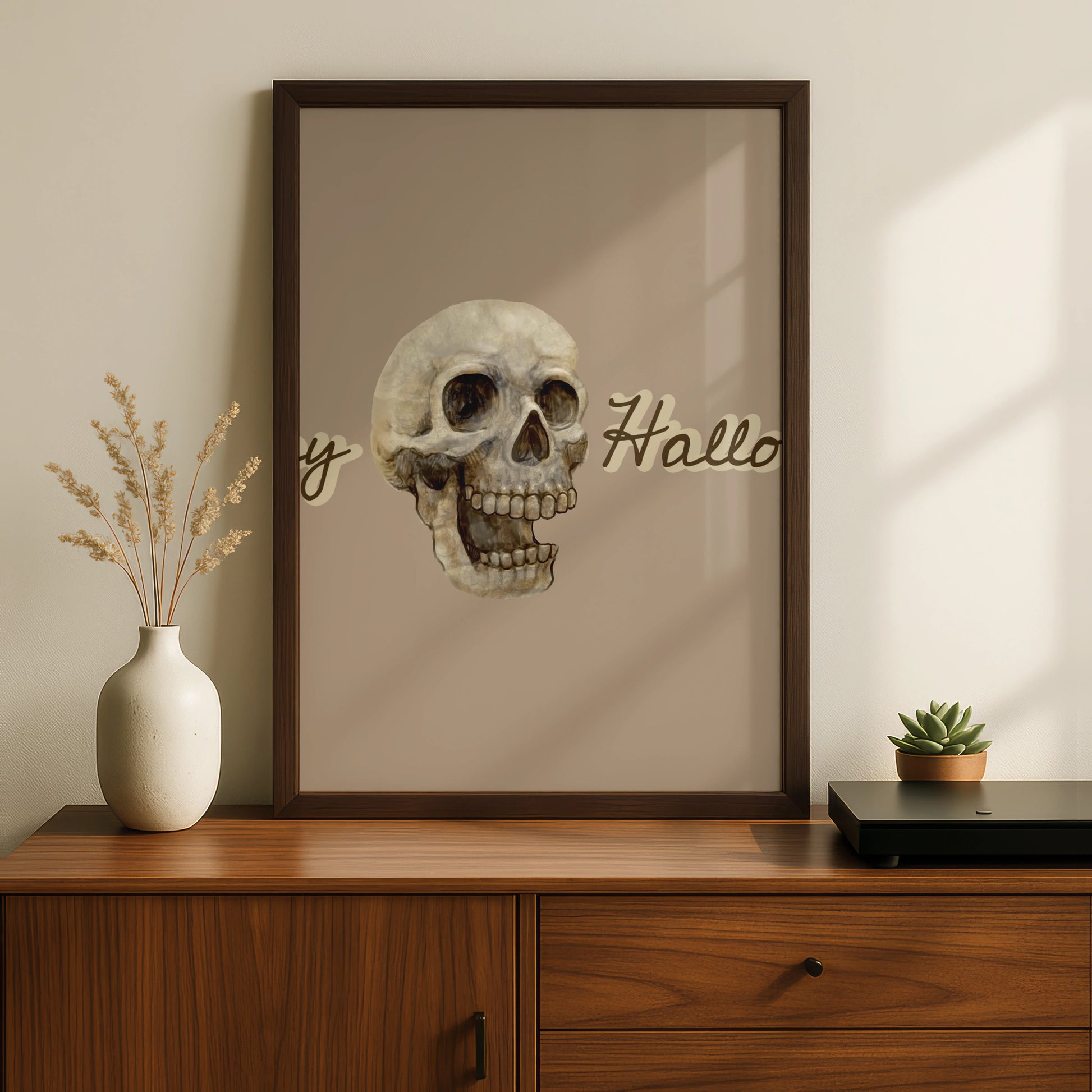 Happy Halloween Skull Poster, Spooky Wall Art, Skeleton Print, Taupe Halloween Decor