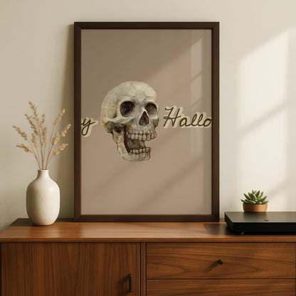 Happy Halloween Skull Poster, Spooky Wall Art, Skeleton Print, Taupe Halloween Decor