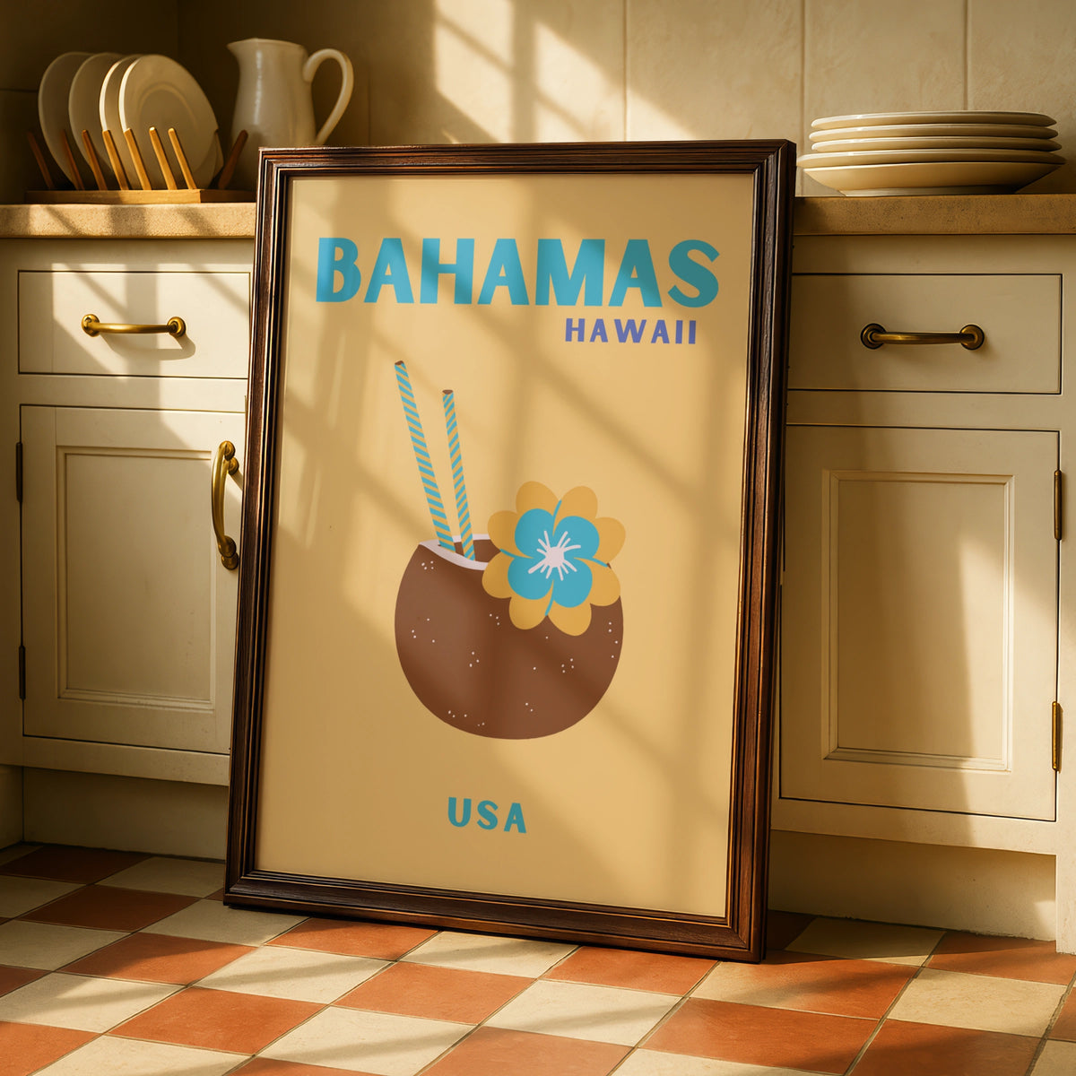 Bahamas Hawaii Travel Poster, Retro Tropical Wall Art, Coconut Drink Print, Beach Decor