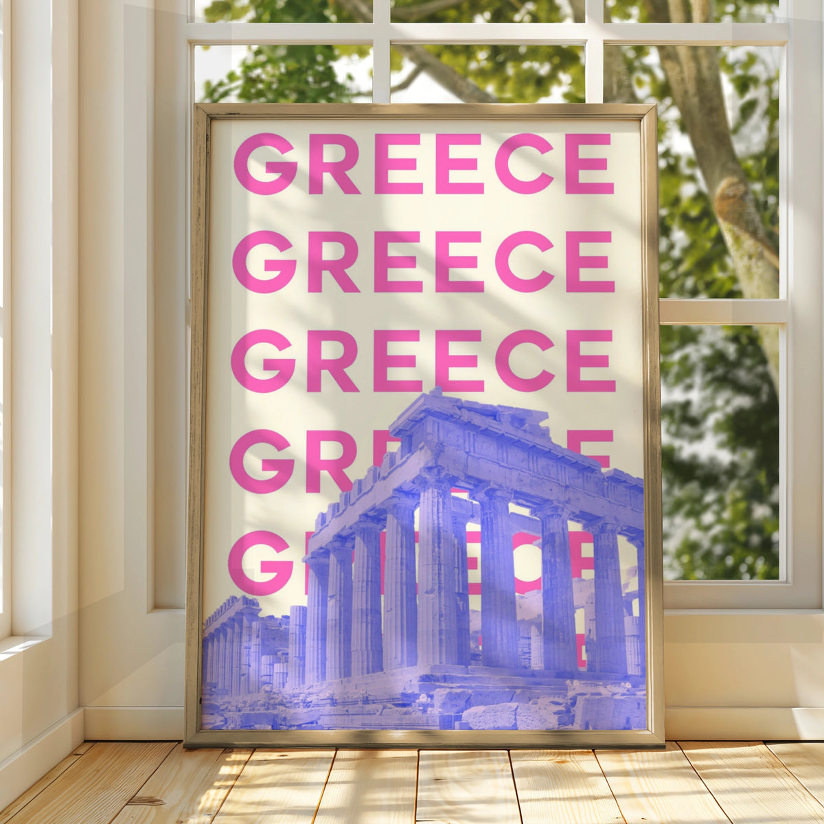 Greece Travel Poster, Athens Parthenon Wall Art, Retro Greece Print, Bold Pink Modern Decor