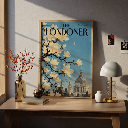 London Magnolia Blossom Poster, St Paul's Cathedral Wall Art, Vintage Magazine Cover Print