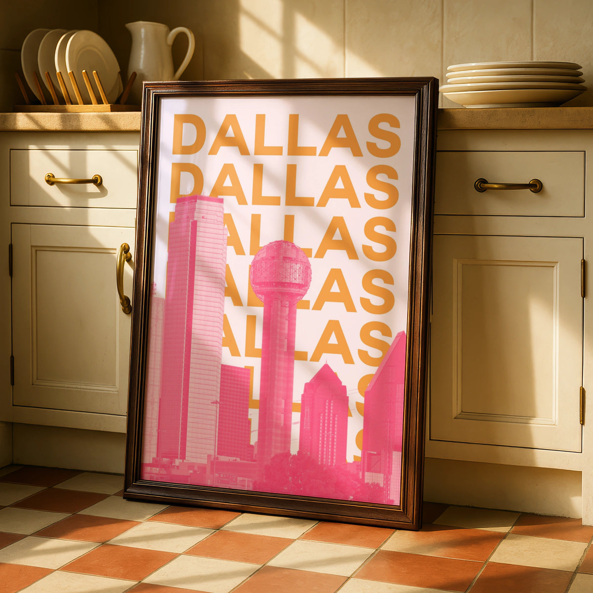 Dallas Travel Poster, Texas Skyline Wall Art, Retro City Print, Pink Orange Modern Decor