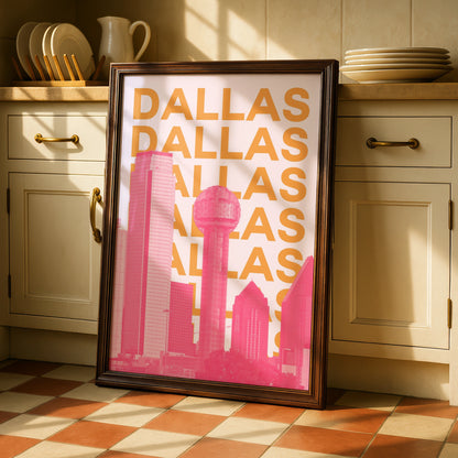 Dallas Travel Poster, Texas Skyline Wall Art, Retro City Print, Pink Orange Modern Decor