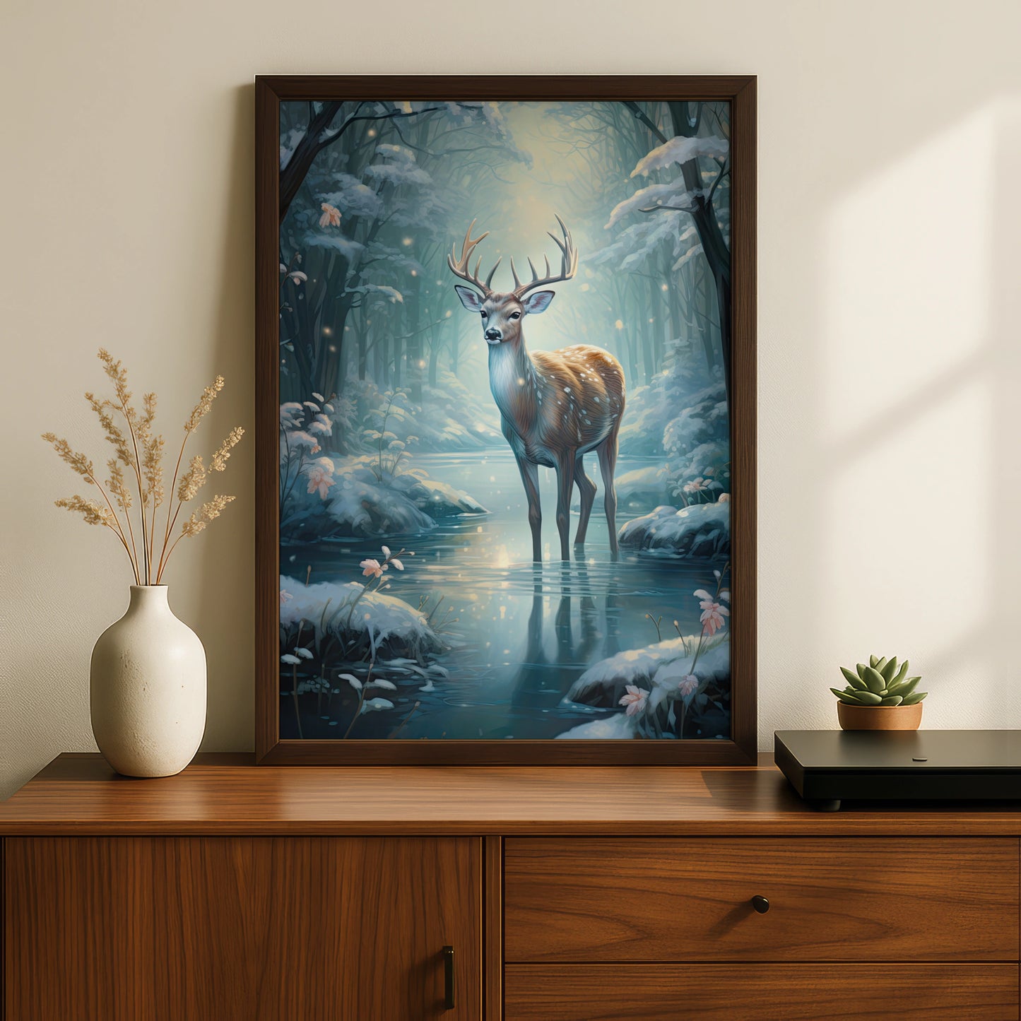 Christmas Deer Poster, Winter Forest Stag Wall Art, Magical Snow Scene, Festive Nature Print