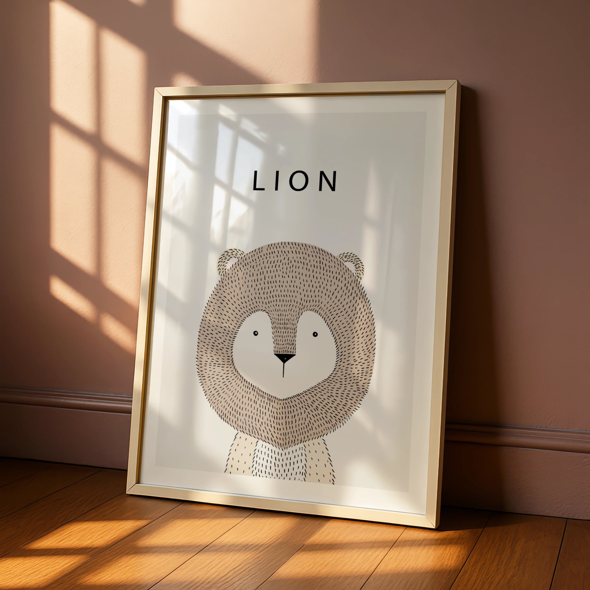 Lion Nursery Poster, Cute Animal Print, Minimalist Kids Wall Art, Neutral Beige Scandi Decor