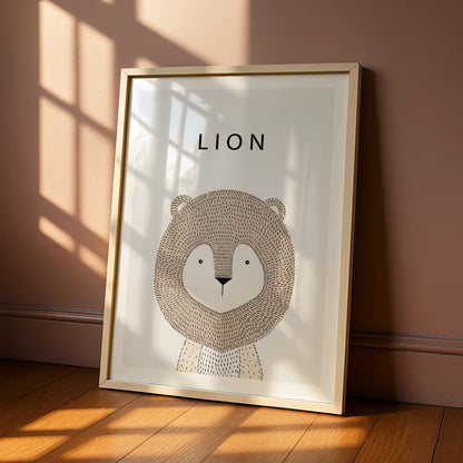 Lion Nursery Poster, Cute Animal Print, Minimalist Kids Wall Art, Neutral Beige Scandi Decor