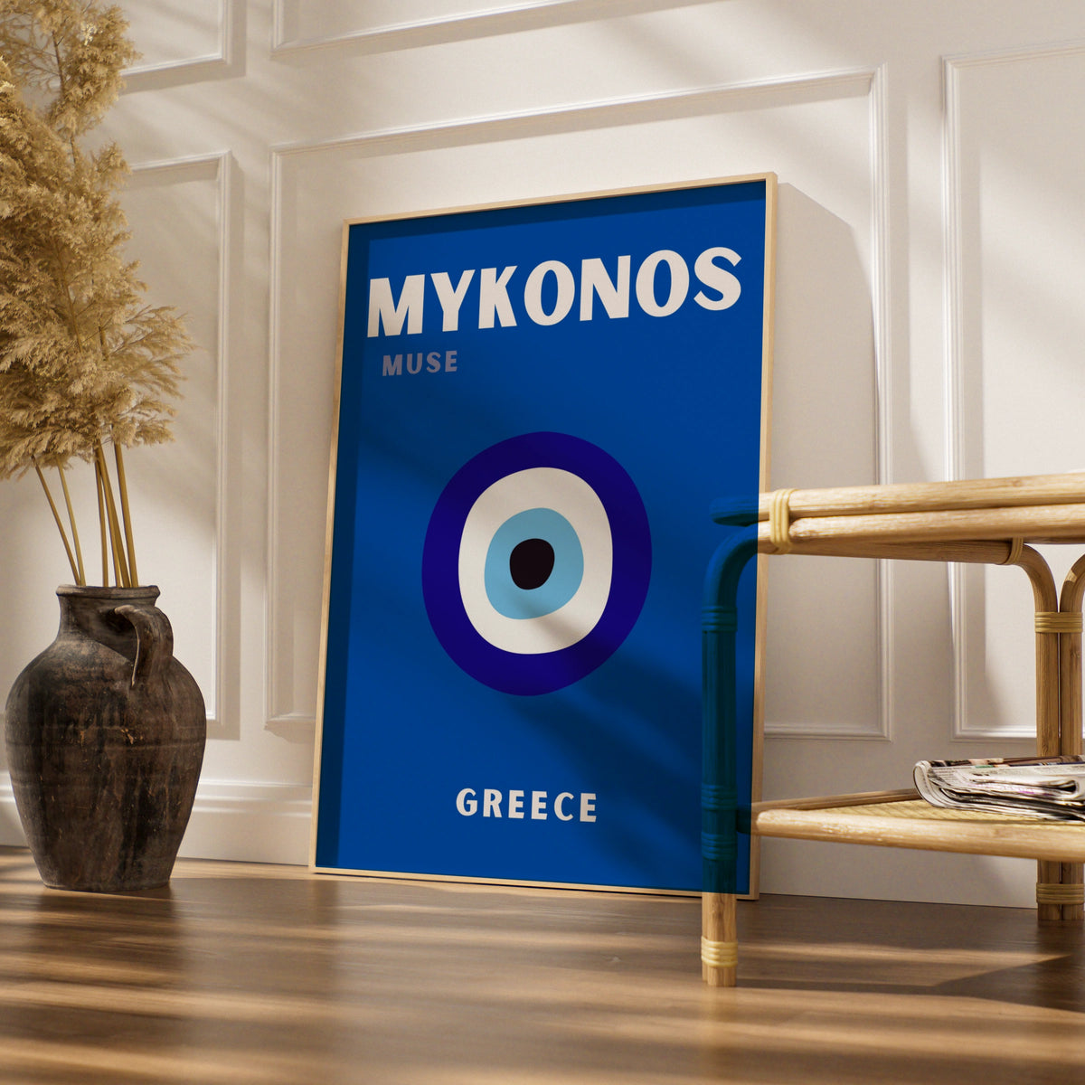 Mykonos Greece Travel Poster, Evil Eye Wall Art, Greek Island Retro Print, Blue