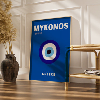 Mykonos Greece Travel Poster, Evil Eye Wall Art, Greek Island Retro Print, Blue