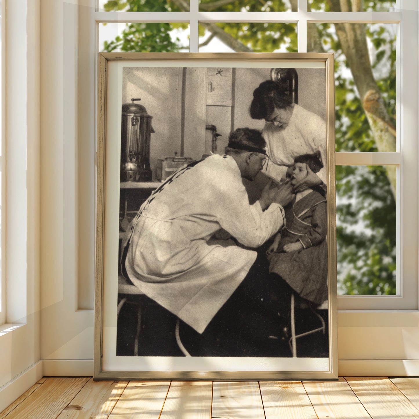 Vintage Doctor Examining Child Poster, Antique Medical Black White Photography Wall Art