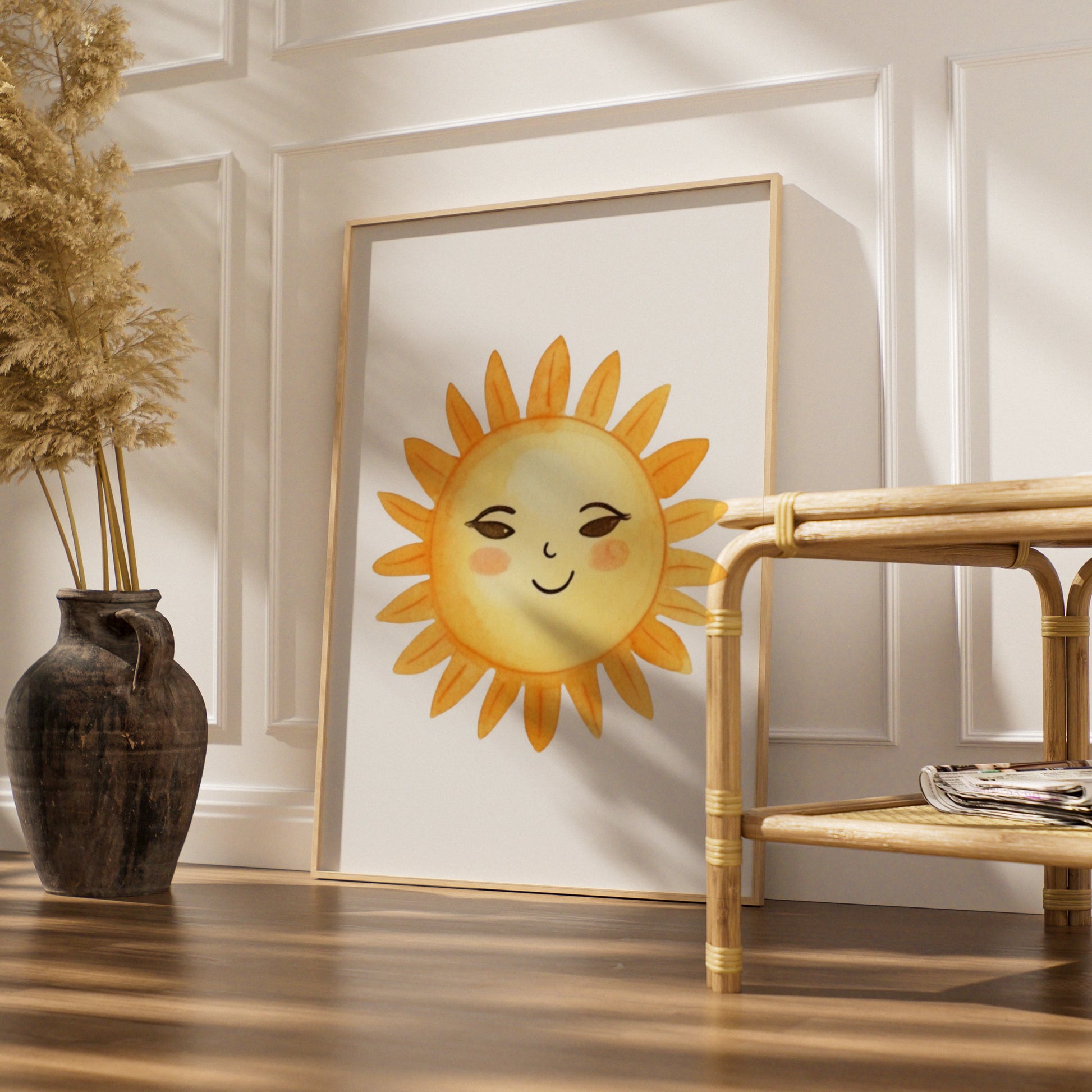 Cute Sun Nursery Wall Art, Smiling Sun Poster, Yellow Kids Room Print, Boho Baby Decor