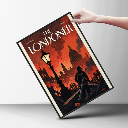 London Fire Poster, Vintage Magazine Cover Wall Art, Firefighter St Paul's Skyline Art Print