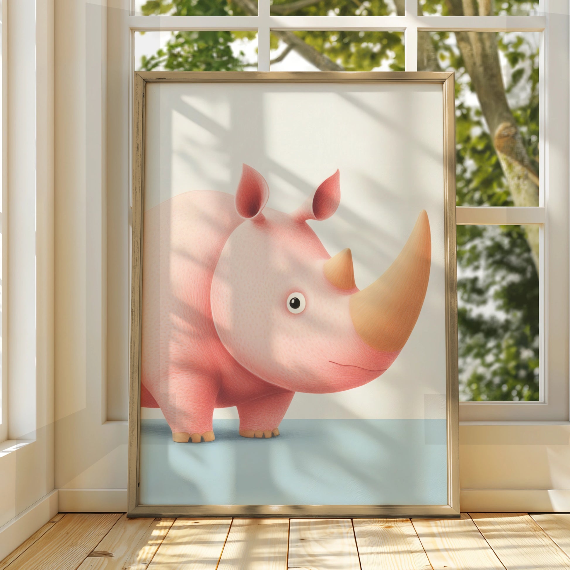 Cute Rhino Nursery Wall Art, Pink Rhinoceros Baby Print, Safari Animal Poster for Kids Room