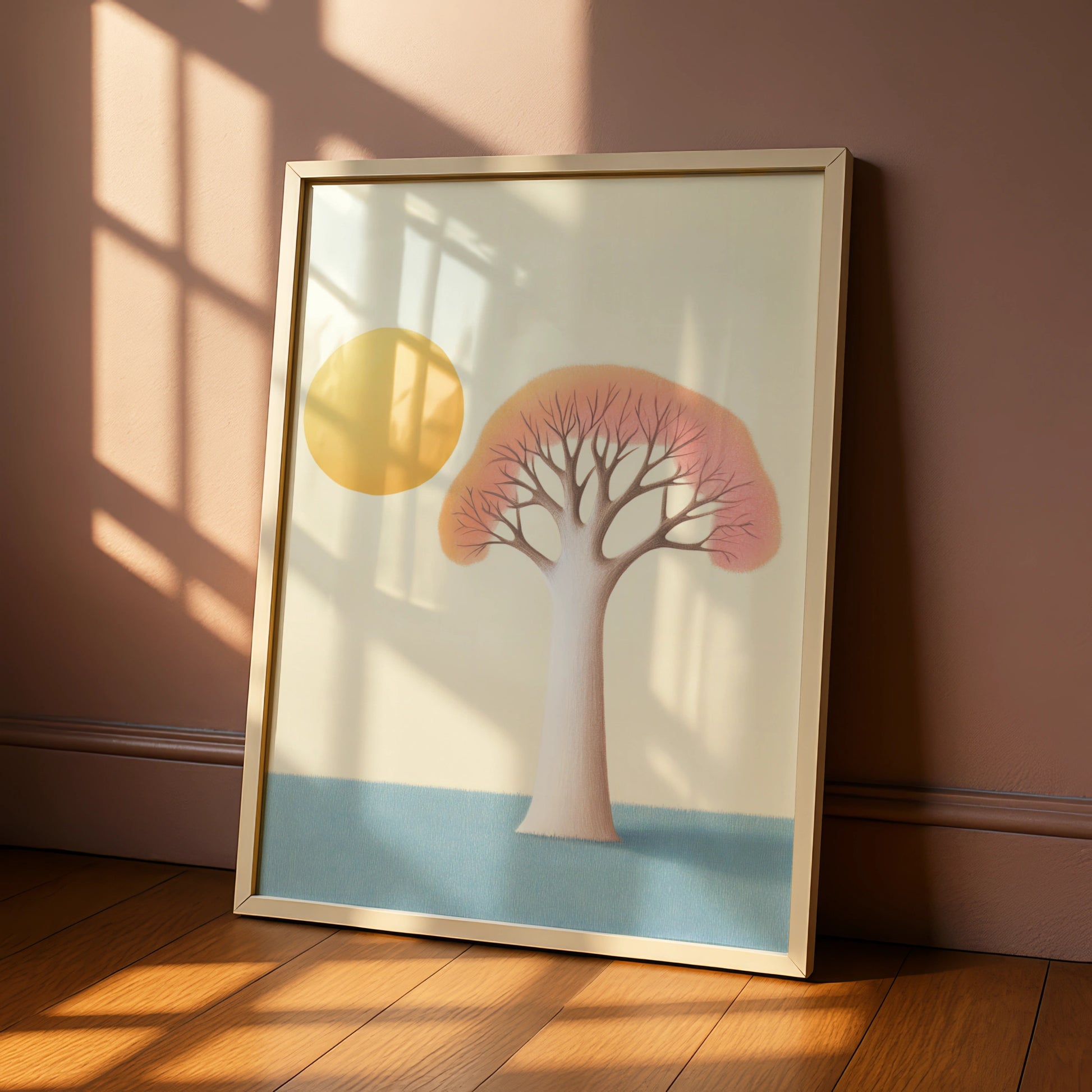 Nursery Tree Wall Art Print, Boho Sun Poster, Pastel Baby Room Decor, Minimalist Kids