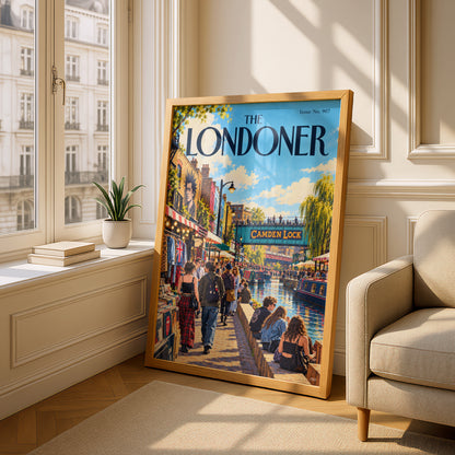 The Londoner Camden Lock Poster, London Wall Art, Canal Market Illustration, Retro Magazine Cover