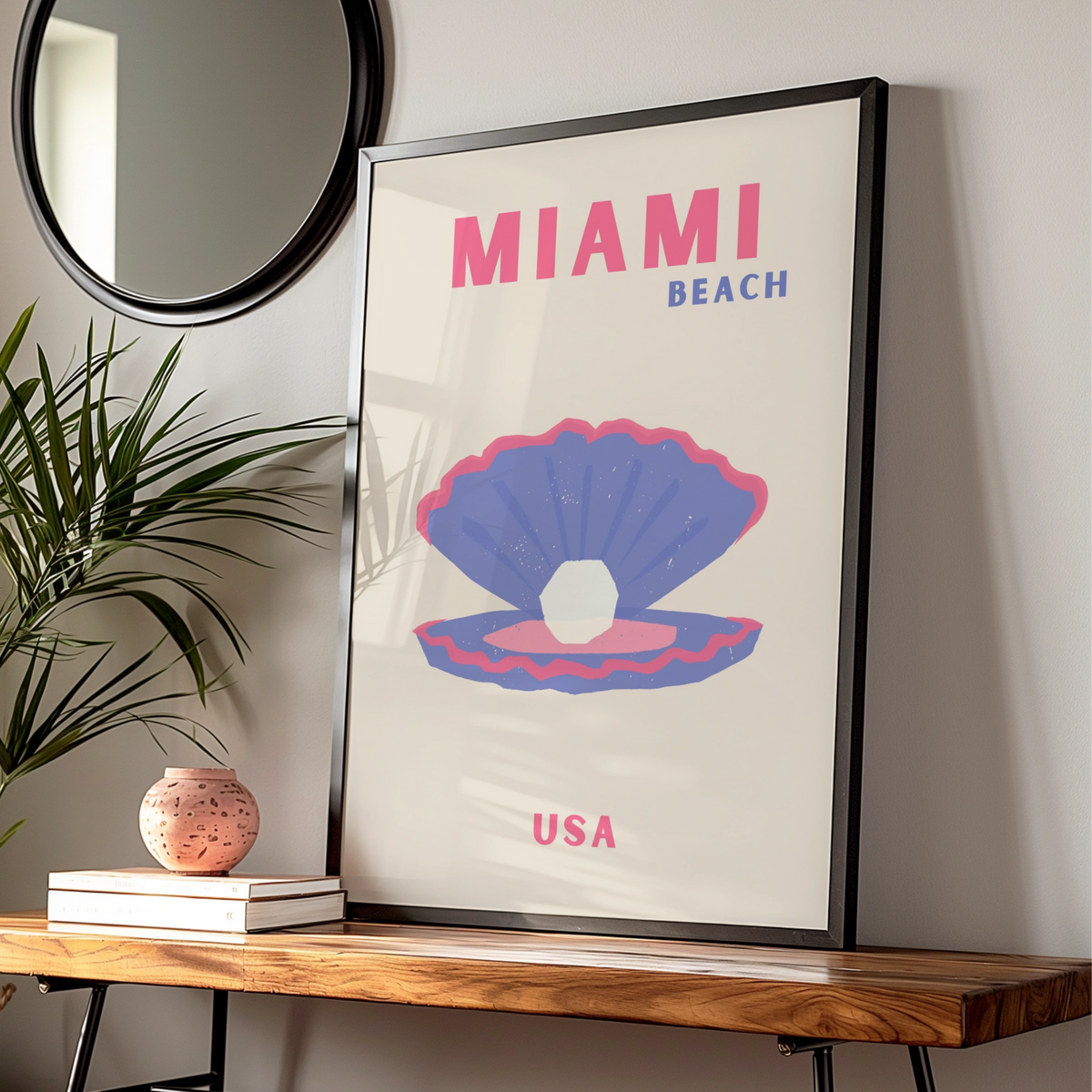 Miami Beach Travel Poster, Florida USA Retro Wall Art, Pink Blue Shell Print