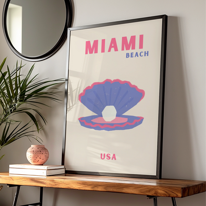 Miami Beach Travel Poster, Florida USA Retro Wall Art, Pink Blue Shell Print